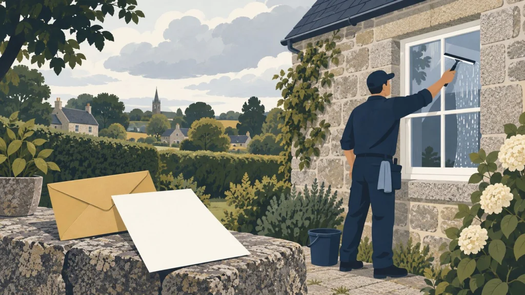 Maison en pierre dont les fenêtres sont nettoyées à la raclette, avec une enveloppe et l'attestation fiscale
