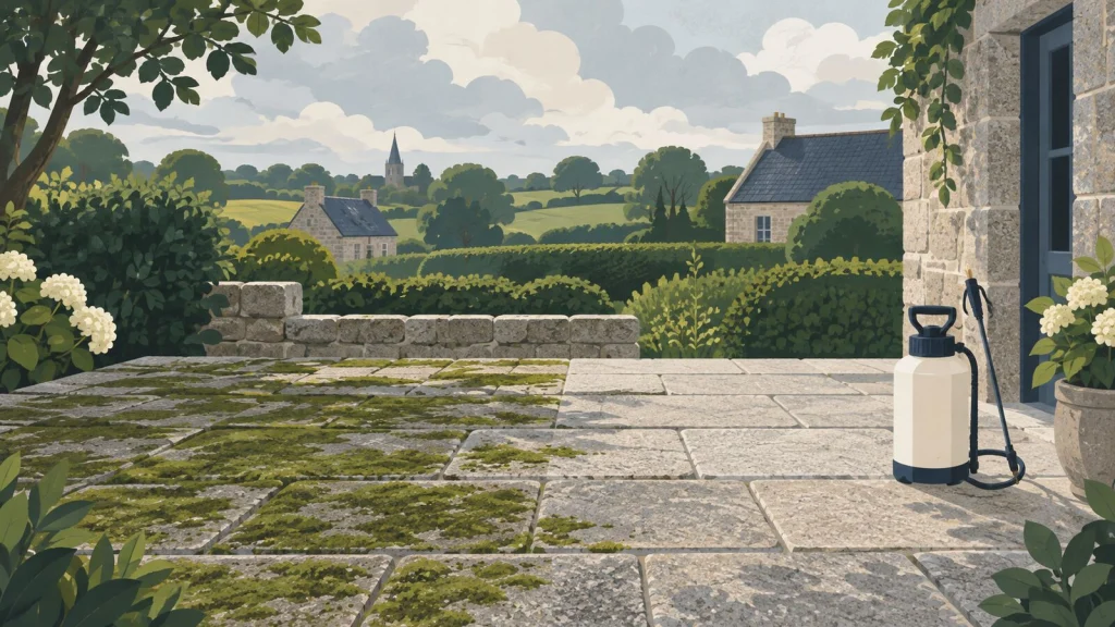 Terrasse en dalles de granit, moitié couverte de mousse, moitié nettoyée, avec un pulvérisateur