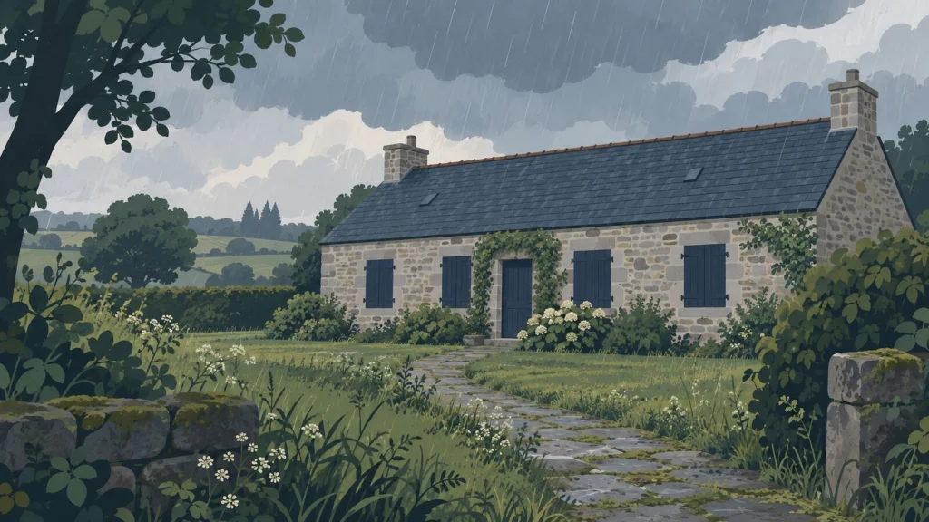 Longère en granit aux volets fermés sous la pluie, jardin et allée légèrement verdis