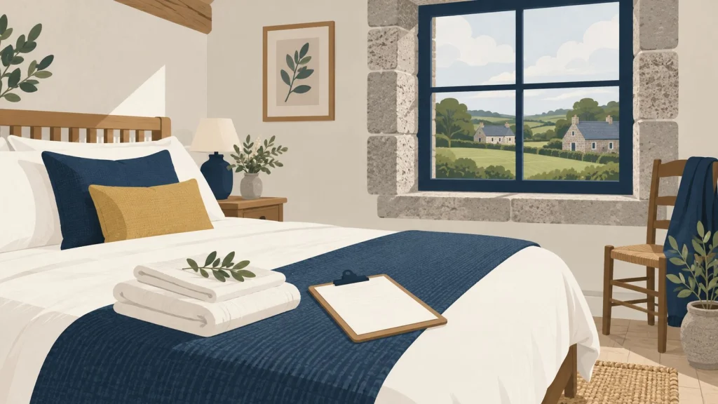 Chambre de gîte lumineuse au lit fraîchement fait, linge plié et checklist