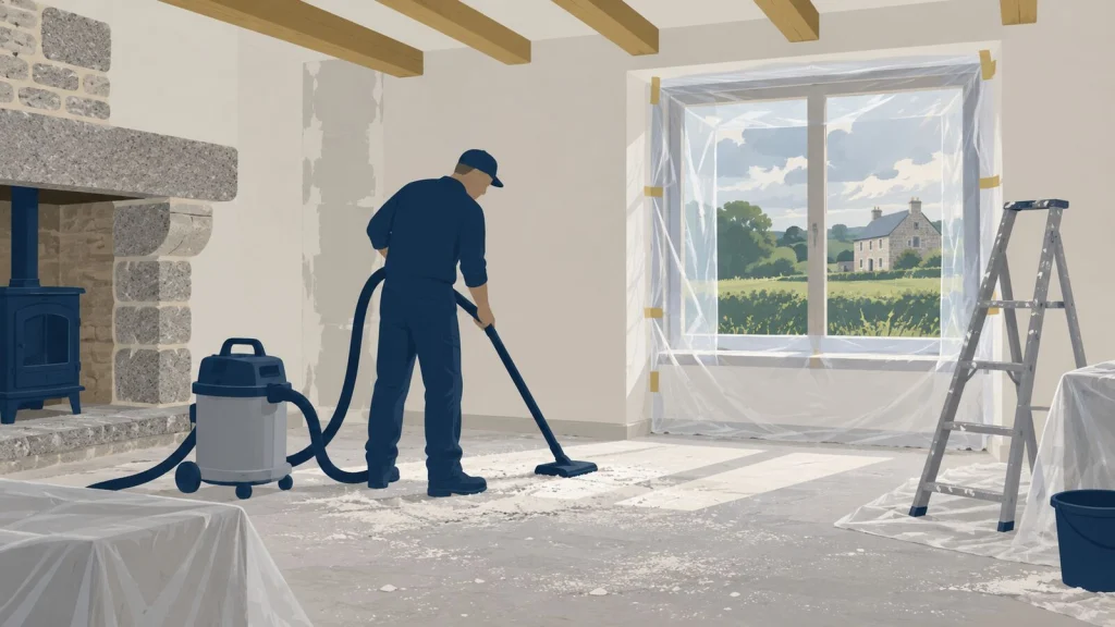 Pièce rénovée avec poussière de plâtre au sol, aspirateur professionnel et film de protection sur la fenêtre
