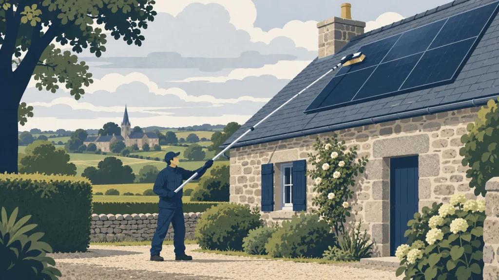 Panneaux solaires sur un toit en ardoise nettoyés depuis le sol avec une brosse souple sur perche télescopique