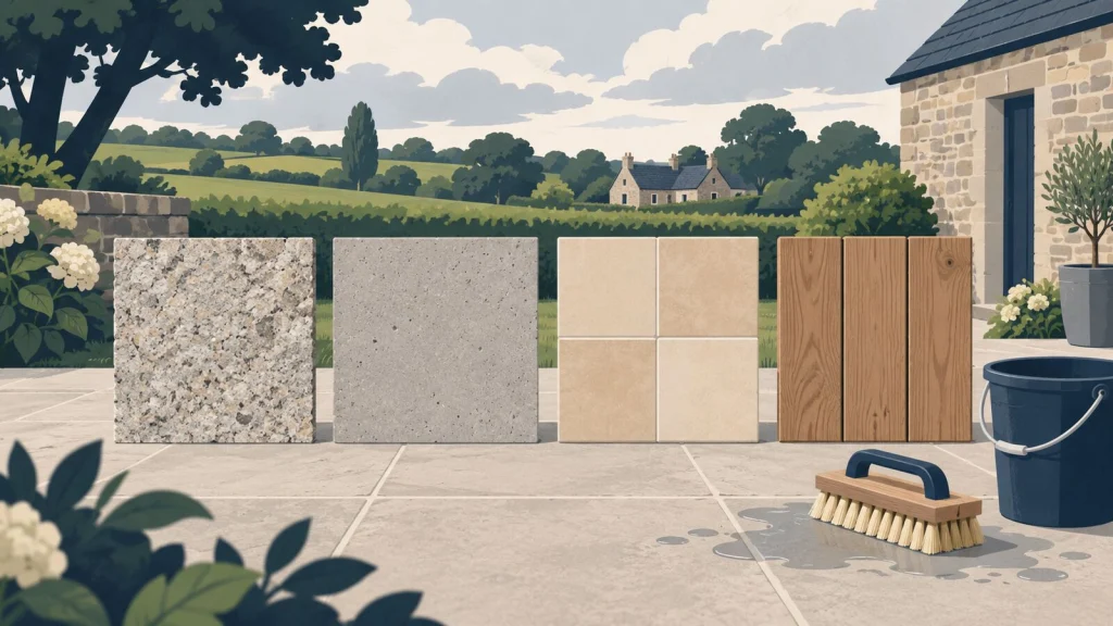Quatre revêtements de terrasse côte à côte : pierre naturelle, béton, carrelage et lames de bois, avec brosse et seau