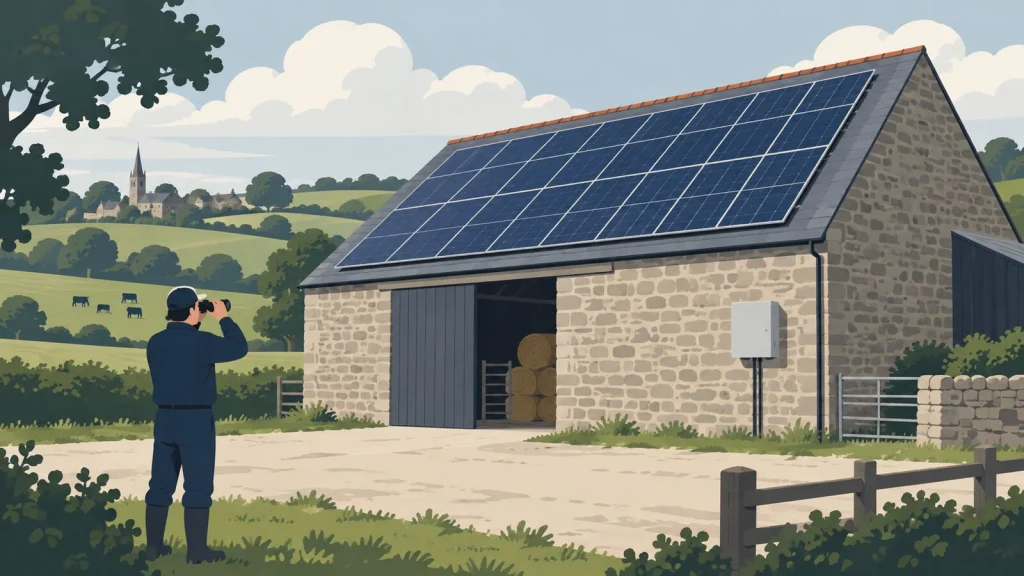Hangar agricole couvert de panneaux solaires dans le bocage, observé aux jumelles depuis le sol, onduleur au mur