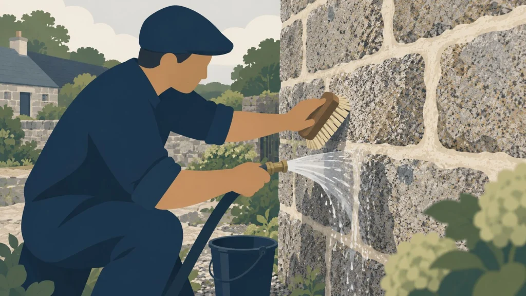 Mur ancien en granit aux joints à la chaux nettoyé avec une brosse et un jet doux